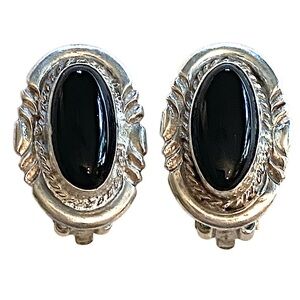 Native American Black Onyx Sterling Silver Earrings Clip On 925